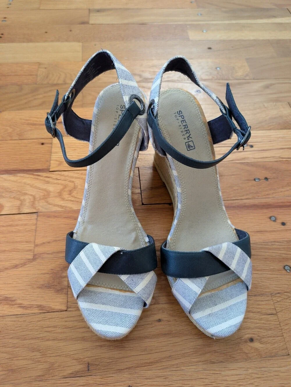 Sperry Valencia Blue & White Striped Canvas Wedge Sandals. - Picture 1 of 7